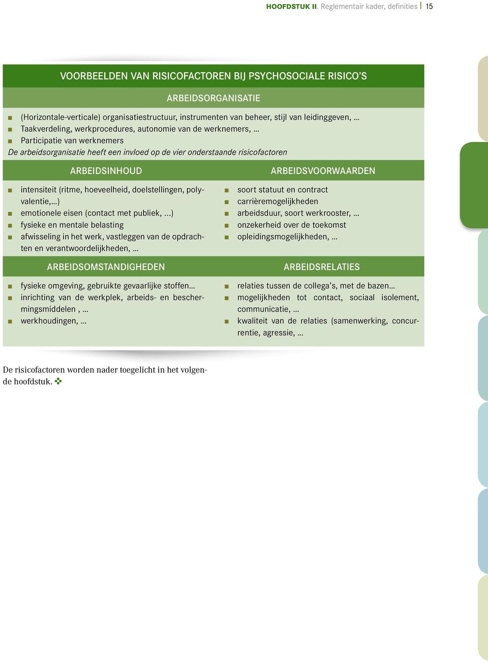 werkprocedures, autonomie van de werknemers, Participatie van werknemers De arbeidsorganisatie heeft een invloed op de vier onderstaande risicofactoren ARBEIDSINHOUD intensiteit (ritme, hoeveelheid,