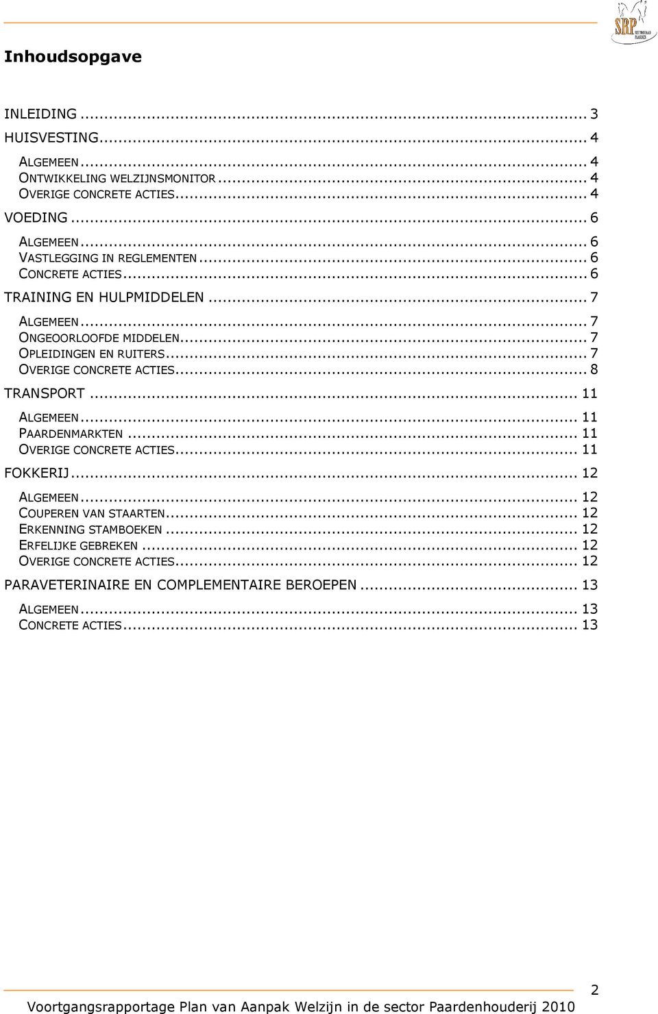 .. 7 OVERIGE CONCRETE ACTIES... 8 TRANSPORT... 11 ALGEMEEN... 11 PAARDENMARKTEN... 11 OVERIGE CONCRETE ACTIES... 11 FOKKERIJ... 12 ALGEMEEN.