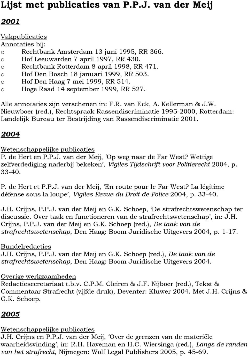 ), Rechtspraak Rassendiscriminatie 1995-2000, Rotterdam: Landelijk Bureau ter Bestrijding van Rassendiscriminatie 2001. 2004 P. de Hert en P.P.J. van der Meij, Op weg naar de Far West?