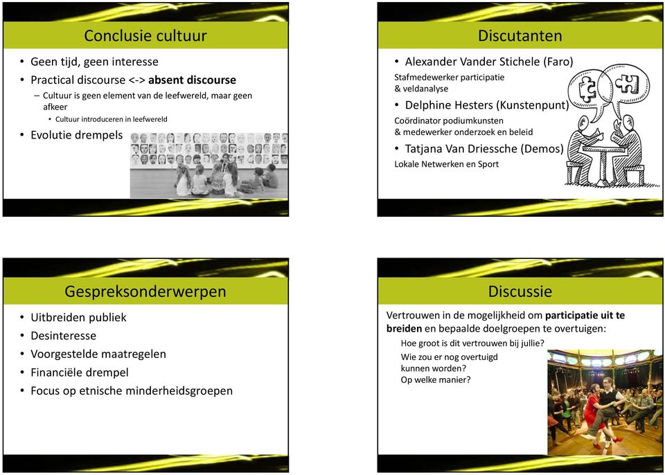 Driessche (Demos) Lokale Netwerken en Sport Discutanten Gespreksonderwerpen Uitbreiden publiek Desinteresse Voorgestelde maatregelen Financiële drempel Focus op etnische minderheidsgroepen