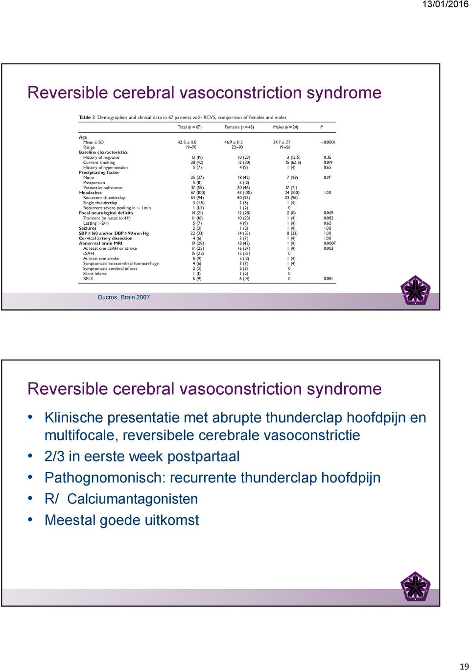 multifocale, reversibele cerebrale vasoconstrictie 2/3 in eerste week postpartaal