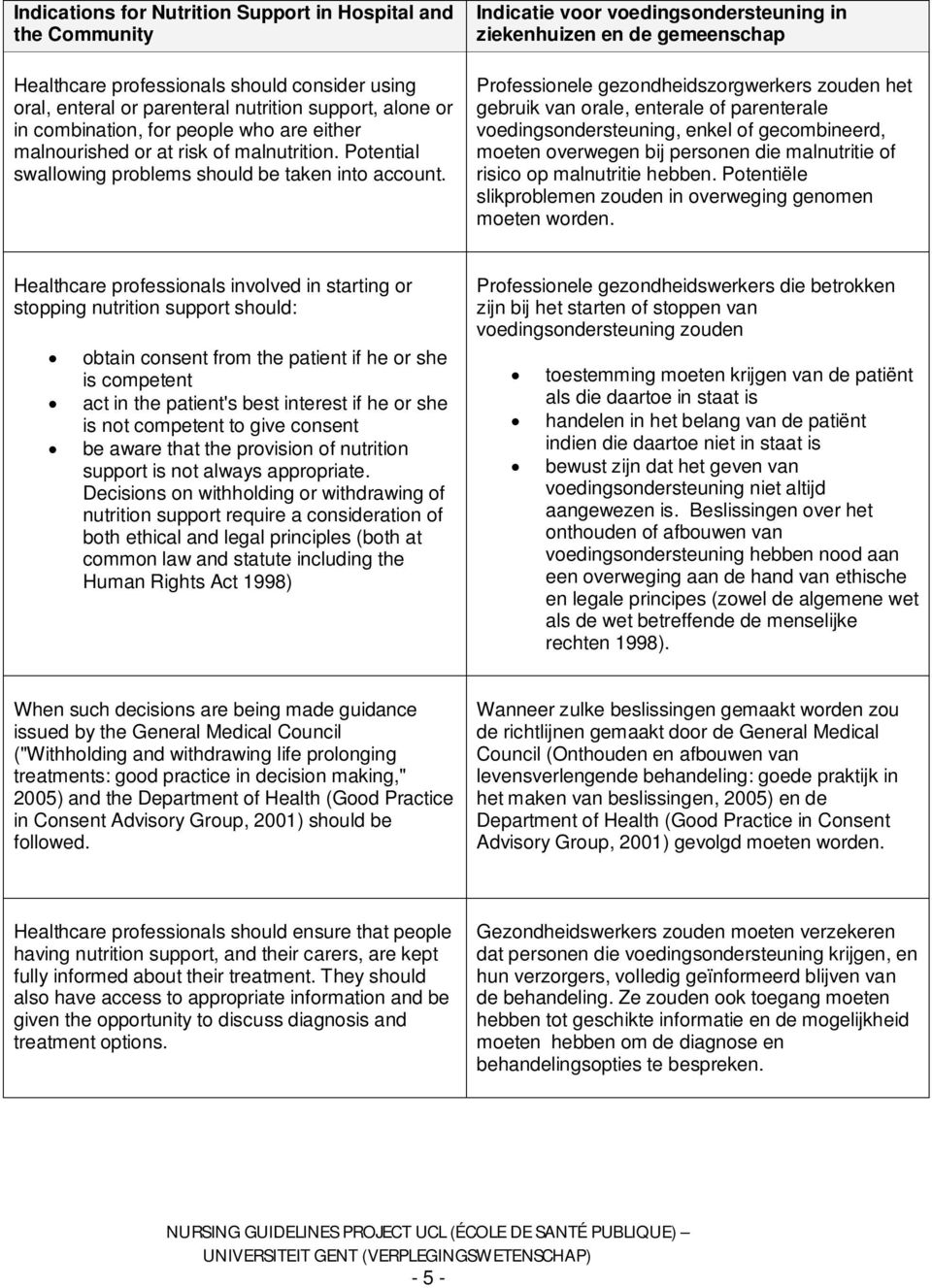 Indicatie voor voedingsondersteuning in ziekenhuizen en de gemeenschap Professionele gezondheidszorgwerkers zouden het gebruik van orale, enterale of parenterale voedingsondersteuning, enkel of