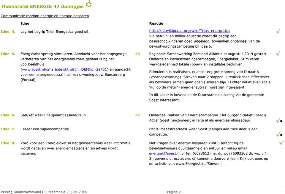 Aandacht voor het stapsgewijs verbeteren van het energielabel zoals gedaan is bij het voorbeeldhuis (www.soest.nl/smartsite.shtml?