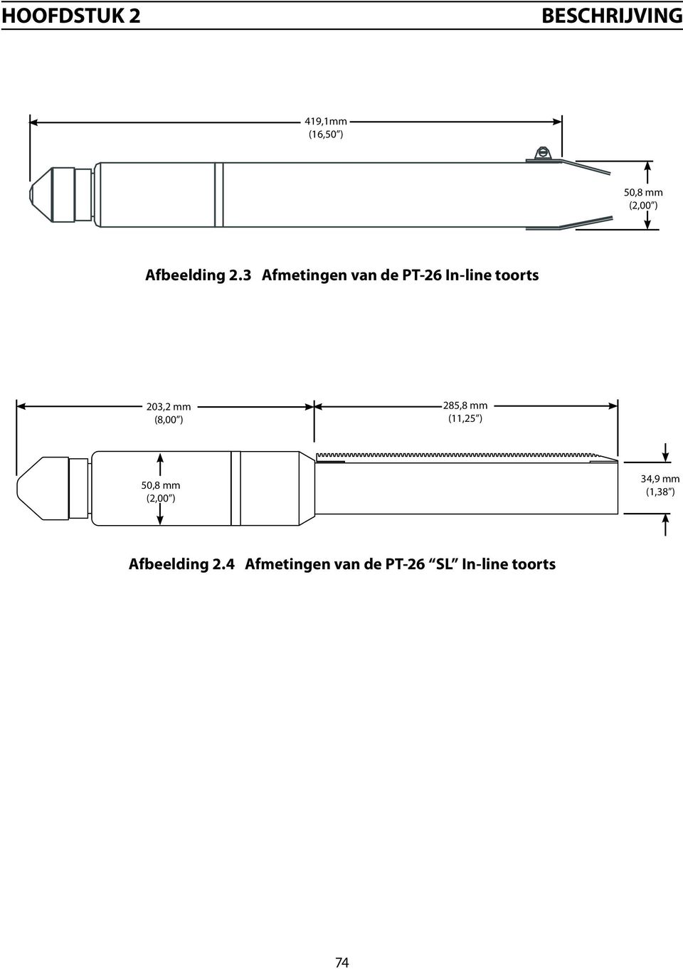 3 Afmetingen van de PT-26 In-line toorts 203,2 mm (8,00 )