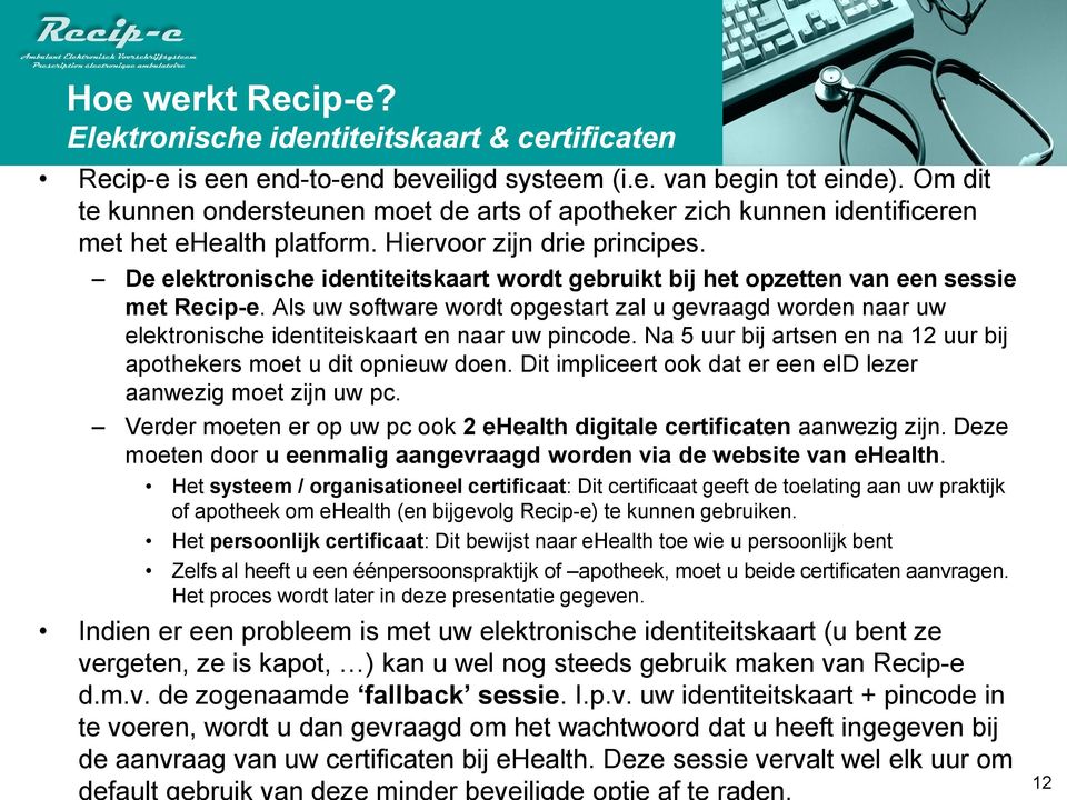 De elektronische identiteitskaart wordt gebruikt bij het opzetten van een sessie met Recip-e.