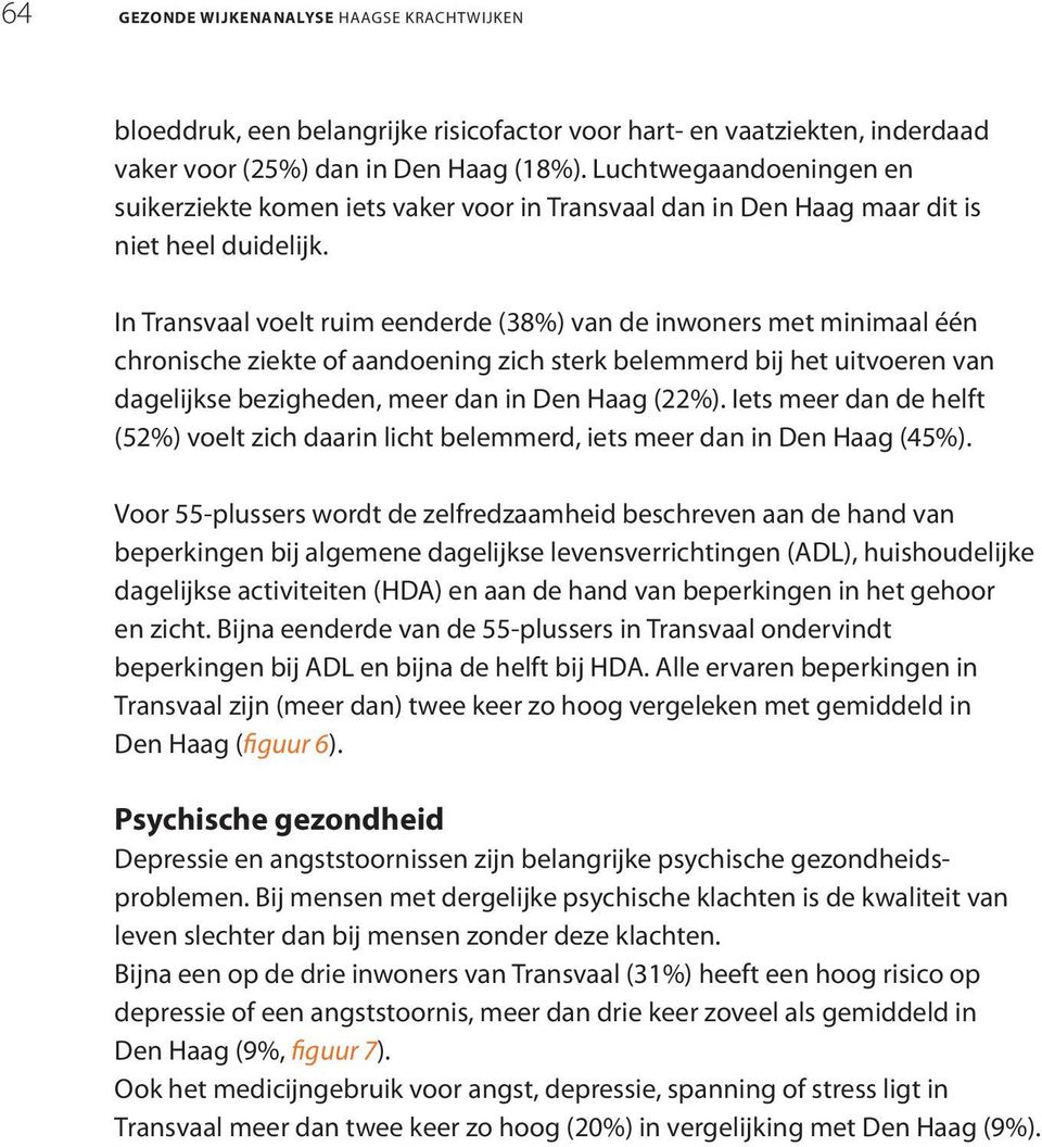 In voelt ruim eenderde (38%) van de inwoners met minimaal één chronische ziekte of aandoening zich sterk belemmerd bij het uitvoeren van dagelijkse bezigheden, meer dan in Den Haag (22%).