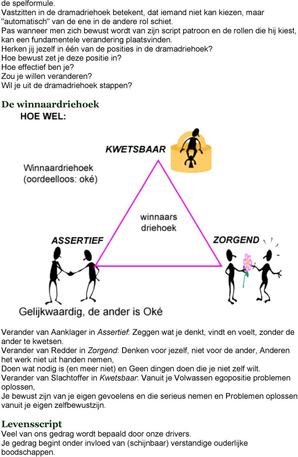 Hoe bewust zet je deze positie in? Hoe effectief ben je? Zou je willen veranderen? Wil je uit de dramadriehoek stappen?