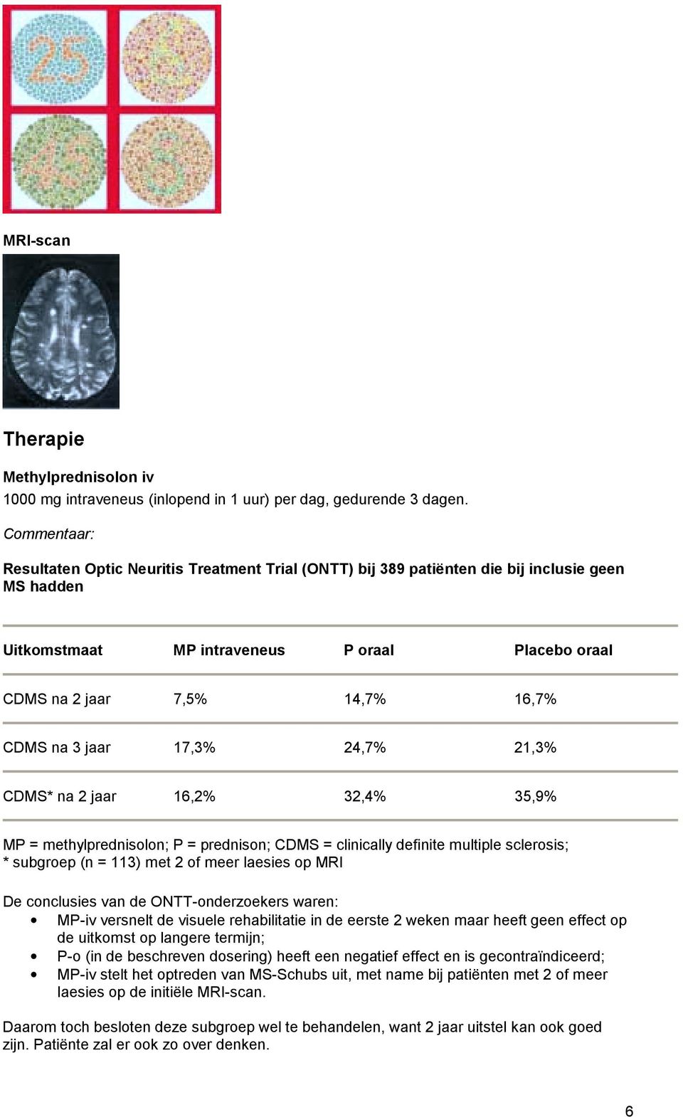 na 3 jaar 17,3% 24,7% 21,3% CDMS* na 2 jaar 16,2% 32,4% 35,9% MP = methylprednisolon; P = prednison; CDMS = clinically definite multiple sclerosis; * subgroep (n = 113) met 2 of meer laesies op MRI