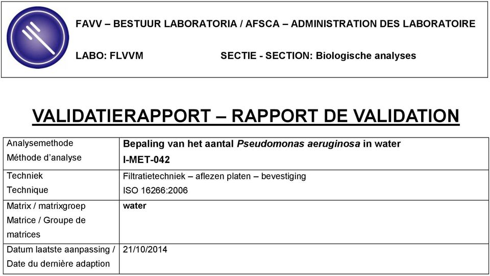 aanpassing / Date du dernière adaption Bepaling van het aantal Pseudomonas aeruginosa