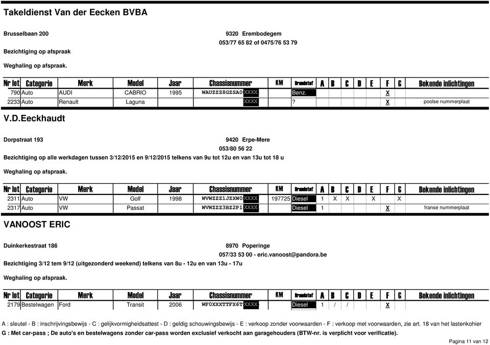 Eeckhaudt poolse nummerplaat Dorpstraat 193 9420 ErpeMere 053/80 56 22 Bezichtiging op alle werkdagen tussen 3/12/2015 en 9/12/2015 telkens van 9u tot 12u en van 13u tot 18 u 2311 Auto VW olf 1998