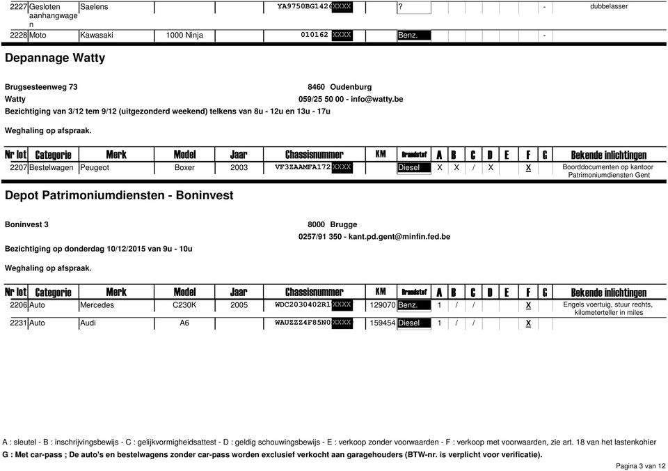 Boorddocumenten op kantoor Patrimoniumdiensten ent Boninvest 3 Bezichtiging op donderdag 10/12/2015 van 9u 10u 8000 Brugge 0257/91 350 kant.pd.gent@minfin.fed.