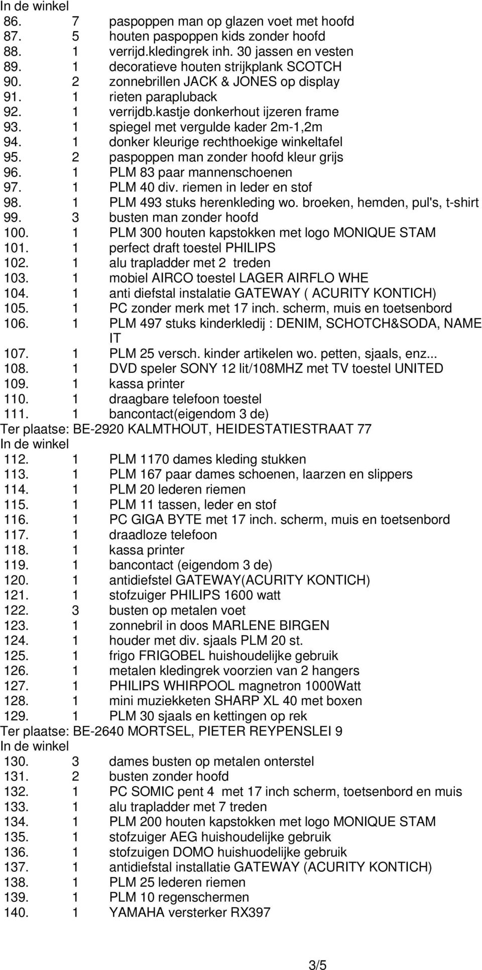 1 donker kleurige rechthoekige winkeltafel 95. 2 paspoppen man zonder hoofd kleur grijs 96. 1 PLM 83 paar mannenschoenen 97. 1 PLM 40 div. riemen in leder en stof 98. 1 PLM 493 stuks herenkleding wo.