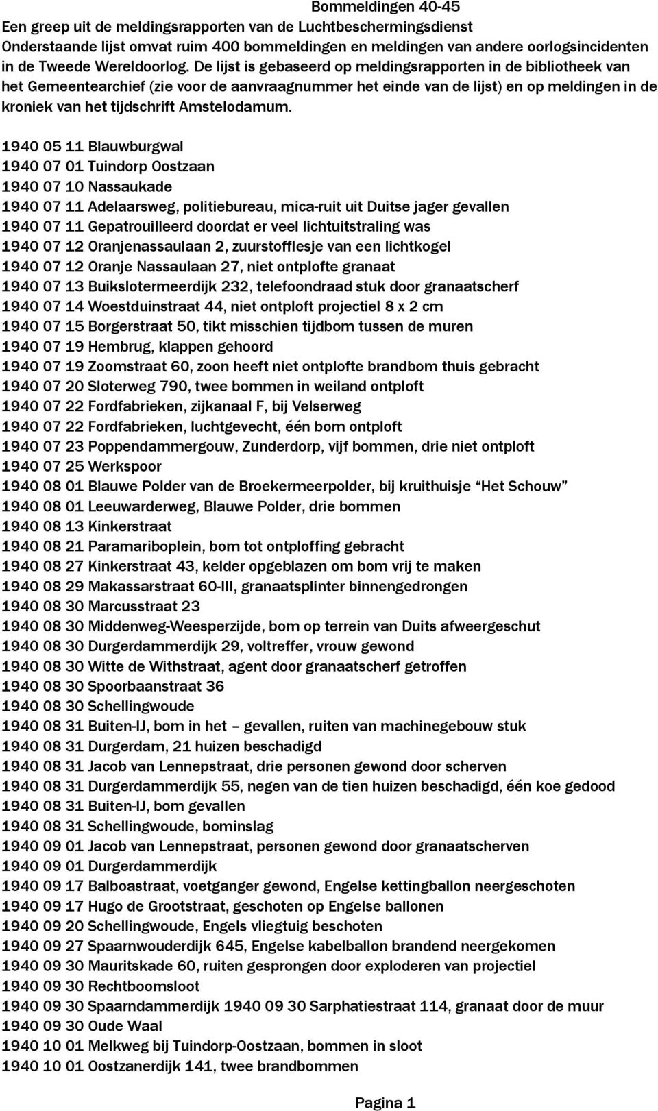 1940 05 11 Blauwburgwal 1940 07 01 Tuindorp Oostzaan 1940 07 10 Nassaukade 1940 07 11 Adelaarsweg, politiebureau, mica-ruit uit Duitse jager gevallen 1940 07 11 Gepatrouilleerd doordat er veel