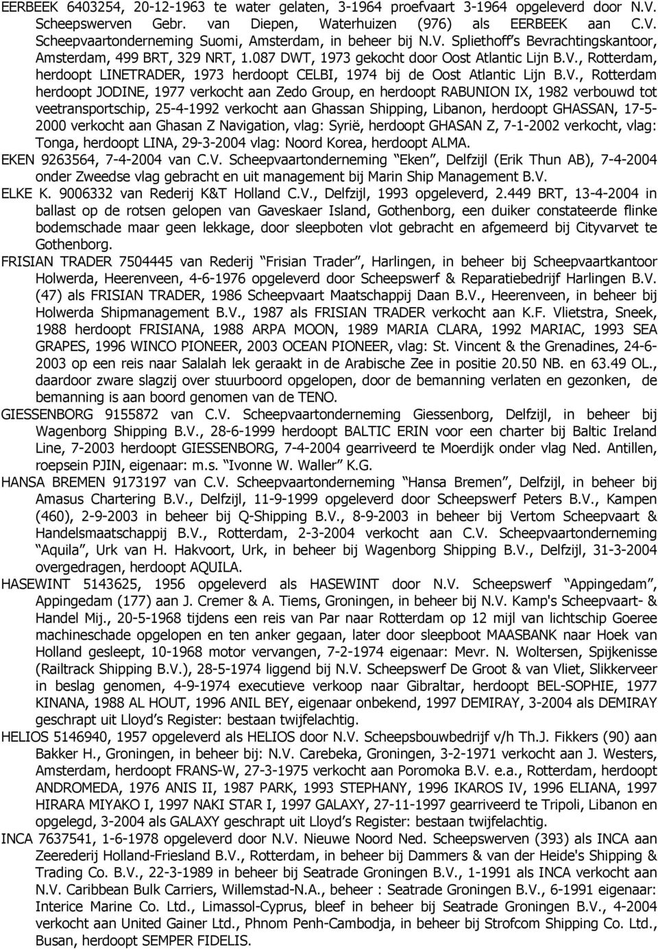 V., Rotterdam herdoopt JODINE, 1977 verkocht aan Zedo Group, en herdoopt RABUNION IX, 1982 verbouwd tot veetransportschip, 25-4-1992 verkocht aan Ghassan Shipping, Libanon, herdoopt GHASSAN, 17-5-