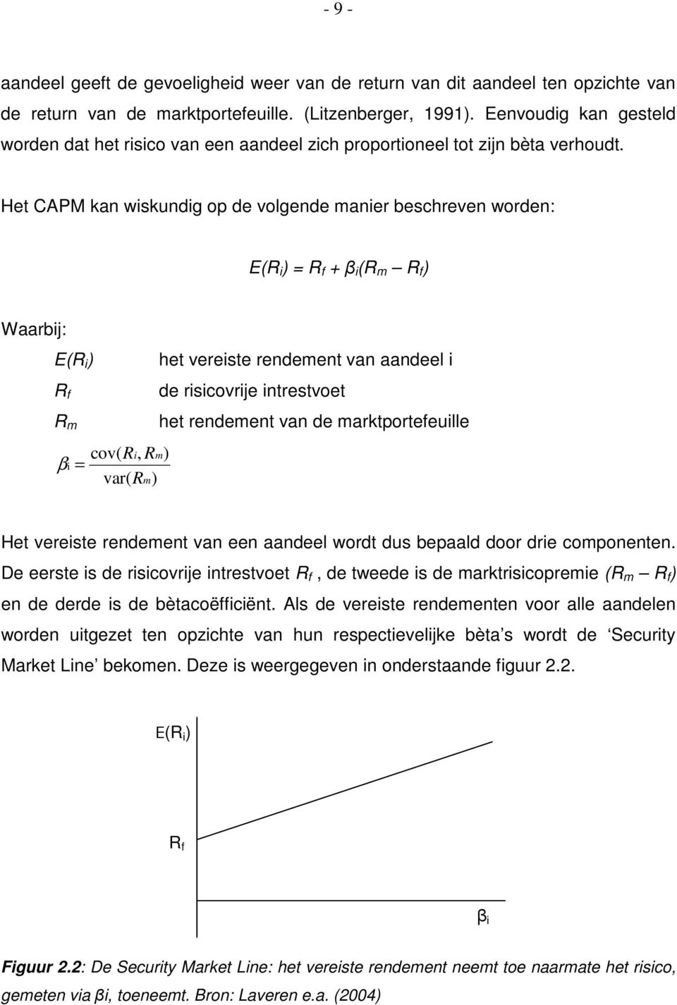 Het CAPM kan wiskundig op de volgende manier beschreven worden: E(R i ) = R f + β i (R m R f ) Waarbij: E(R i ) R f R m het vereiste rendement van aandeel i de risicovrije intrestvoet het rendement