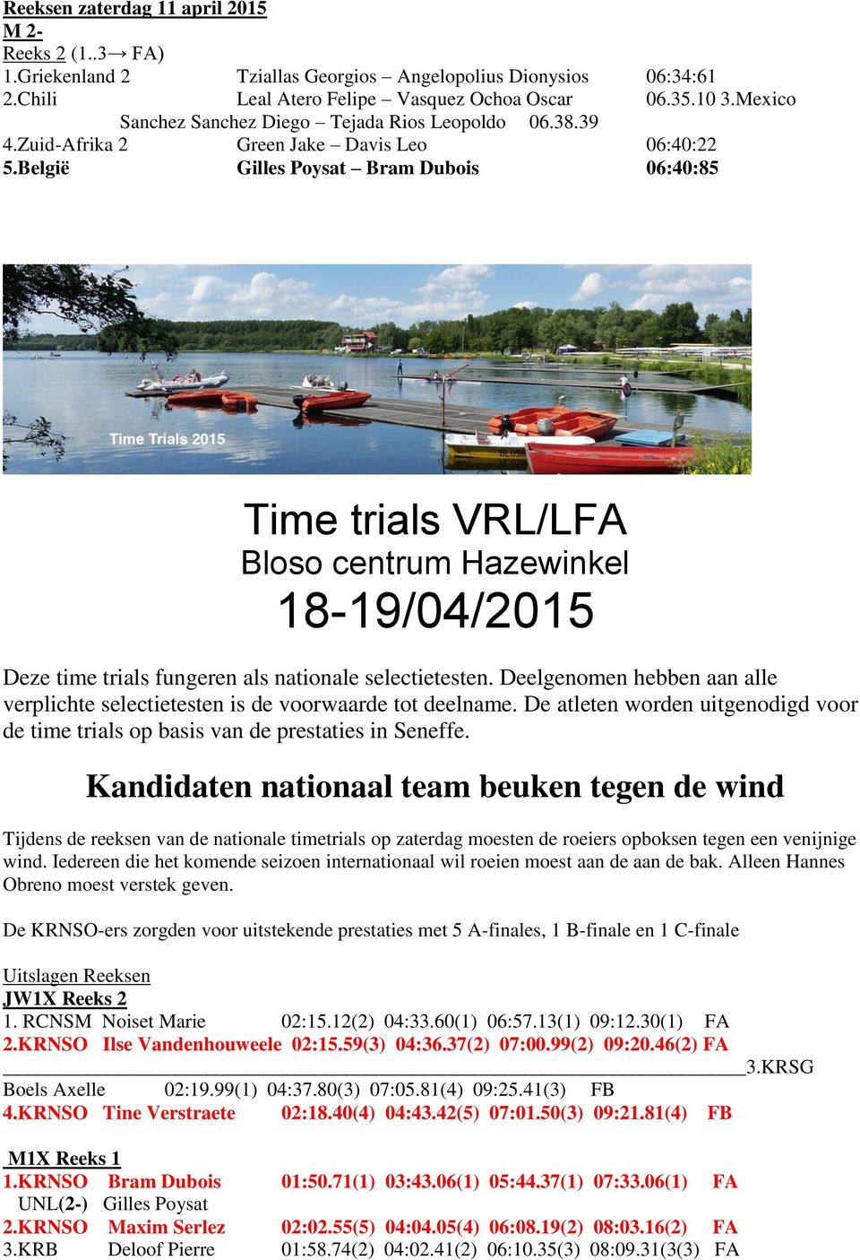 België Gilles Poysat Bram Dubois 06:40:85 Time trials VRL/LFA Bloso centrum Hazewinkel 18-19/04/2015 Deze time trials fungeren als nationale selectietesten.