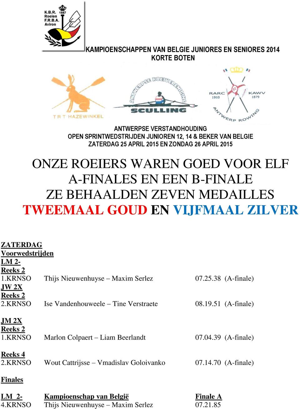 KRNSO Thijs Nieuwenhuyse Maxim Serlez 07.25.38 (A-finale) JW 2X Reeks 2 2.KRNSO Ise Vandenhouweele Tine Verstraete 08.19.51 (A-finale) JM 2X Reeks 2 1.