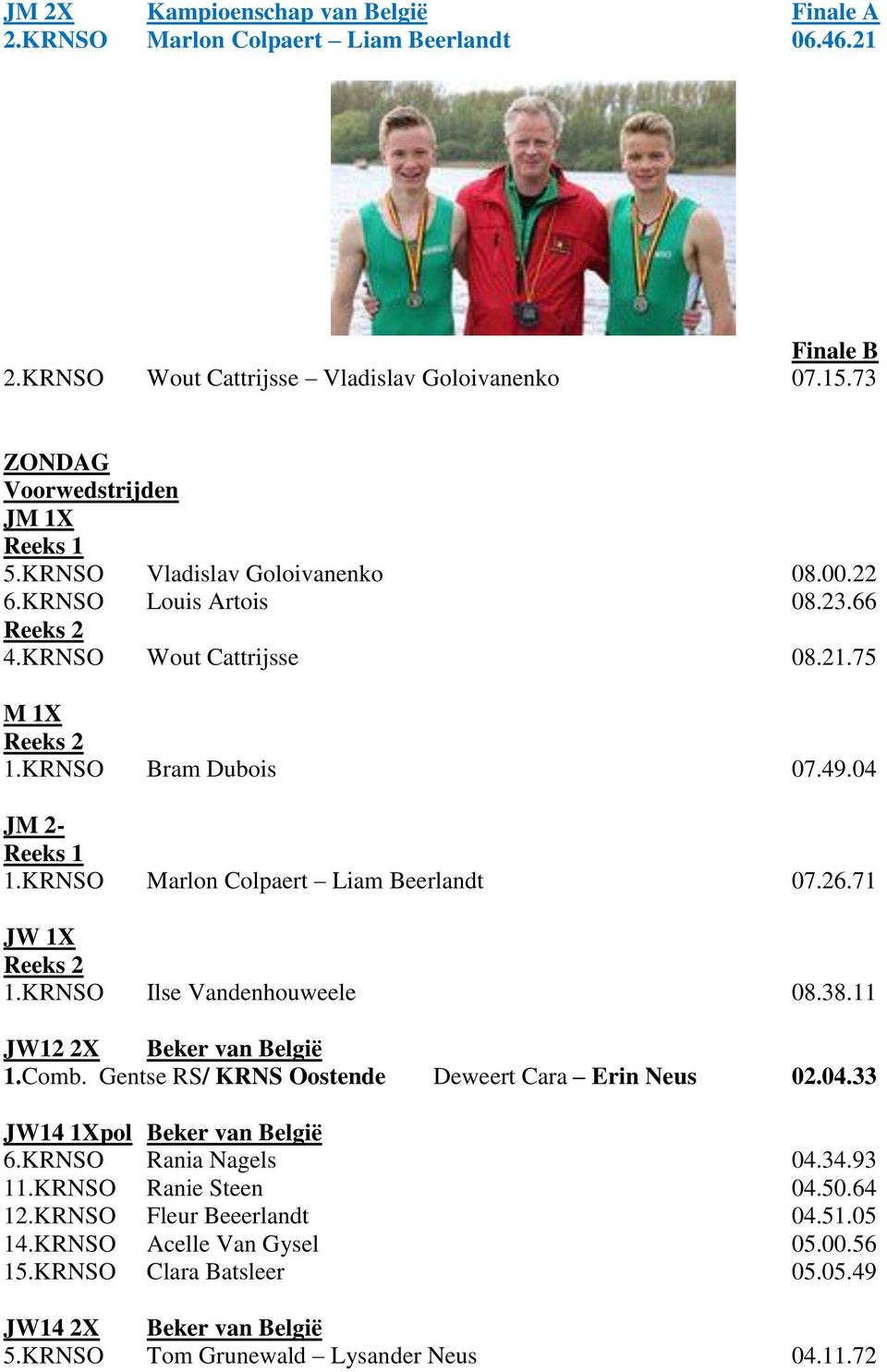 KRNSO Marlon Colpaert Liam Beerlandt 07.26.71 JW 1X Reeks 2 1.KRNSO Ilse Vandenhouweele 08.38.11 JW12 2X Beker van België 1.Comb. Gentse RS/ KRNS Oostende Deweert Cara Erin Neus 02.04.