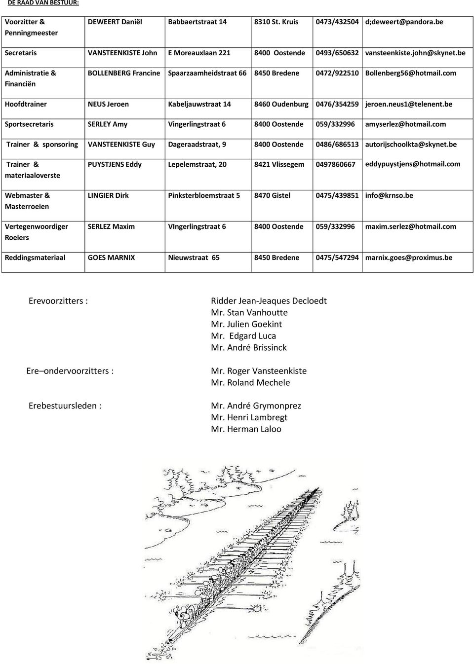 be Administratie & Financiën BOLLENBERG Francine Spaarzaamheidstraat 66 8450 Bredene 0472/922510 Bollenberg56@hotmail.com Hoofdtrainer NEUS Jeroen Kabeljauwstraat 14 8460 Oudenburg 0476/354259 jeroen.