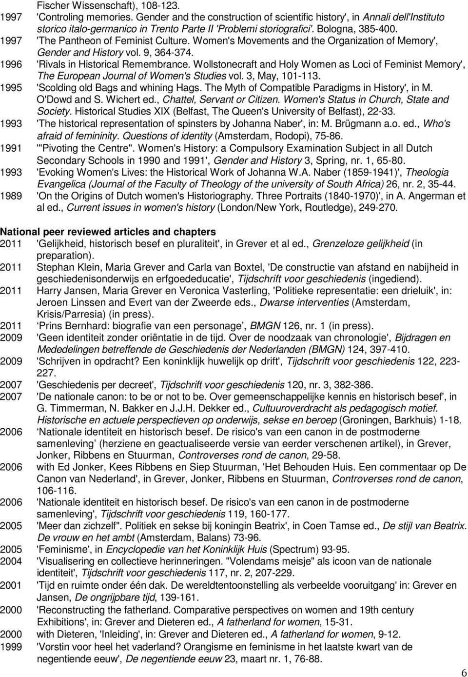 1997 'The Pantheon of Feminist Culture. Women's Movements and the Organization of Memory', Gender and History vol. 9, 364-374. 1996 'Rivals in Historical Remembrance.