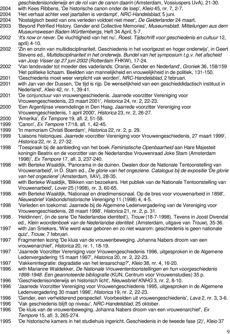Gender and Collective Memories', Museumsblatt. Mitteilungen aus dem Museumswesen Baden-Württembergs, Heft 34 April, 5-7. 2002 'It's now or never. De vluchtigheid van het nu', Roest.