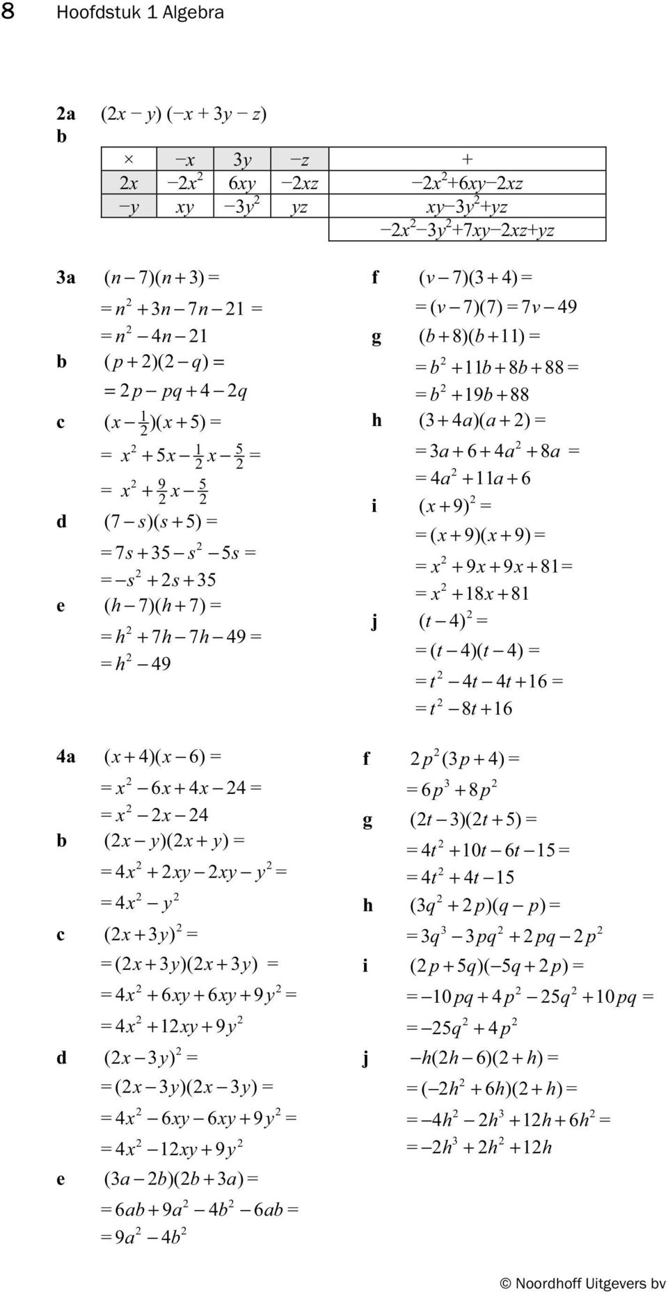 4 ( v 7)(+ 4) ( v 7)(7) 7v 49 ( + 8)( + ) + + 8+ 88 + 9+ 88 ( + 4 a)( a+ ) a+ 6+ 4a + 8a 4a + a+ 6 i ( + 9) ( + 9)( + 9) + 9+ 9+ 8 + 8+ 8 j ( t 4) ( t 4)( t 4) t 4t 4t+ 6 t