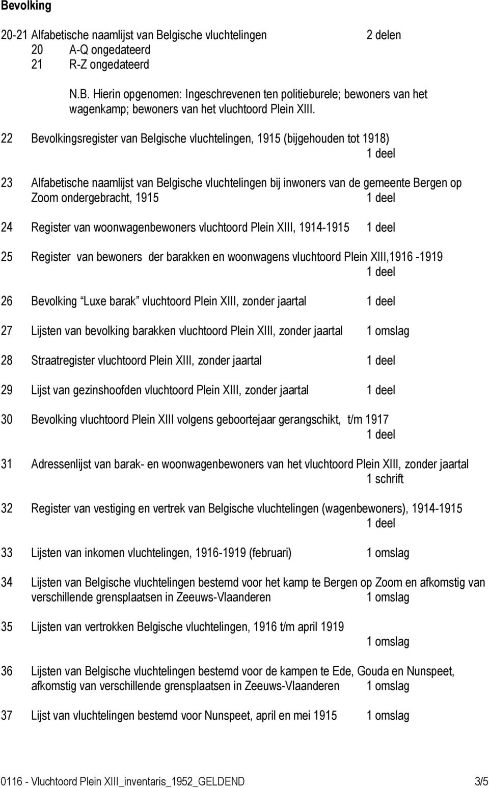 Register van woonwagenbewoners vluchtoord Plein XIII, 1914-1915 25 Register van bewoners der barakken en woonwagens vluchtoord Plein XIII,1916-1919 26 Bevolking Luxe barak vluchtoord Plein XIII,