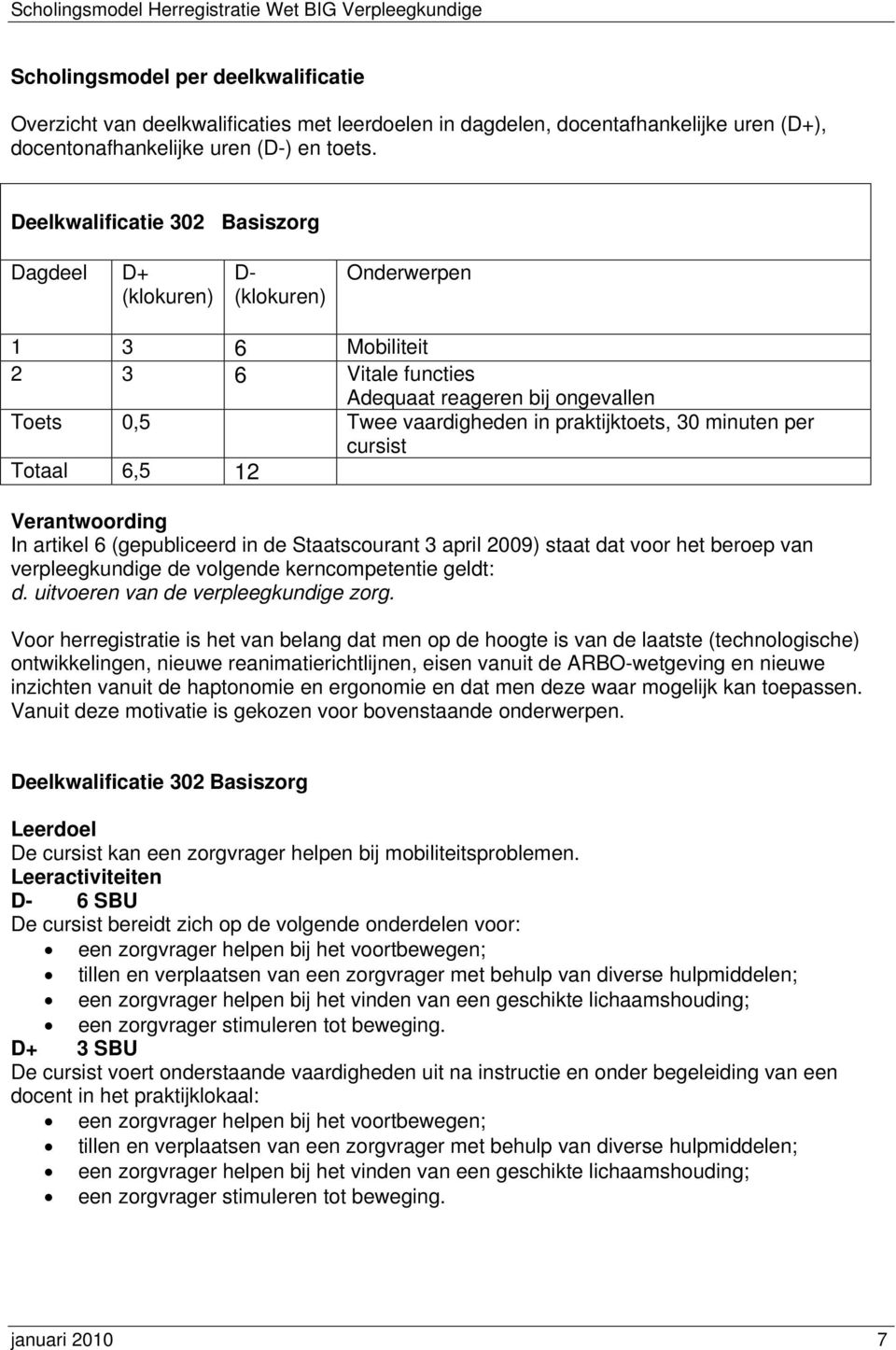 minuten per cursist Totaal 6,5 12 Verantwoording In artikel 6 (gepubliceerd in de Staatscourant 3 april 2009) staat dat voor het beroep van verpleegkundige de volgende kerncompetentie geldt: d.