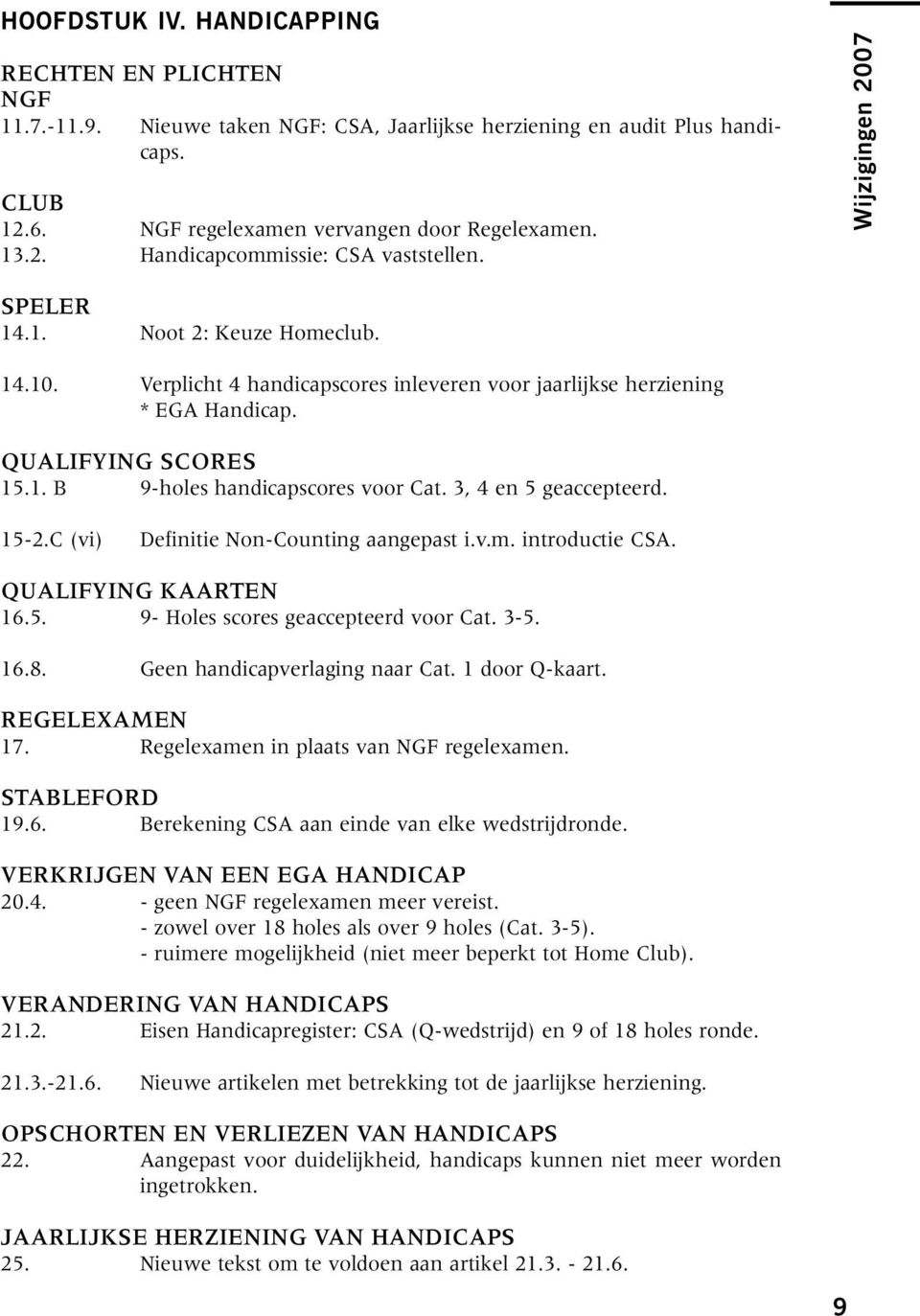 3, 4 en 5 geaccepteerd. 15-2.C (vi) Definitie Non-Counting aangepast i.v.m. introductie CSA. Qualifying Kaarten 16.5. 9- Holes scores geaccepteerd voor Cat. 3-5. 16.8. Geen handicapverlaging naar Cat.