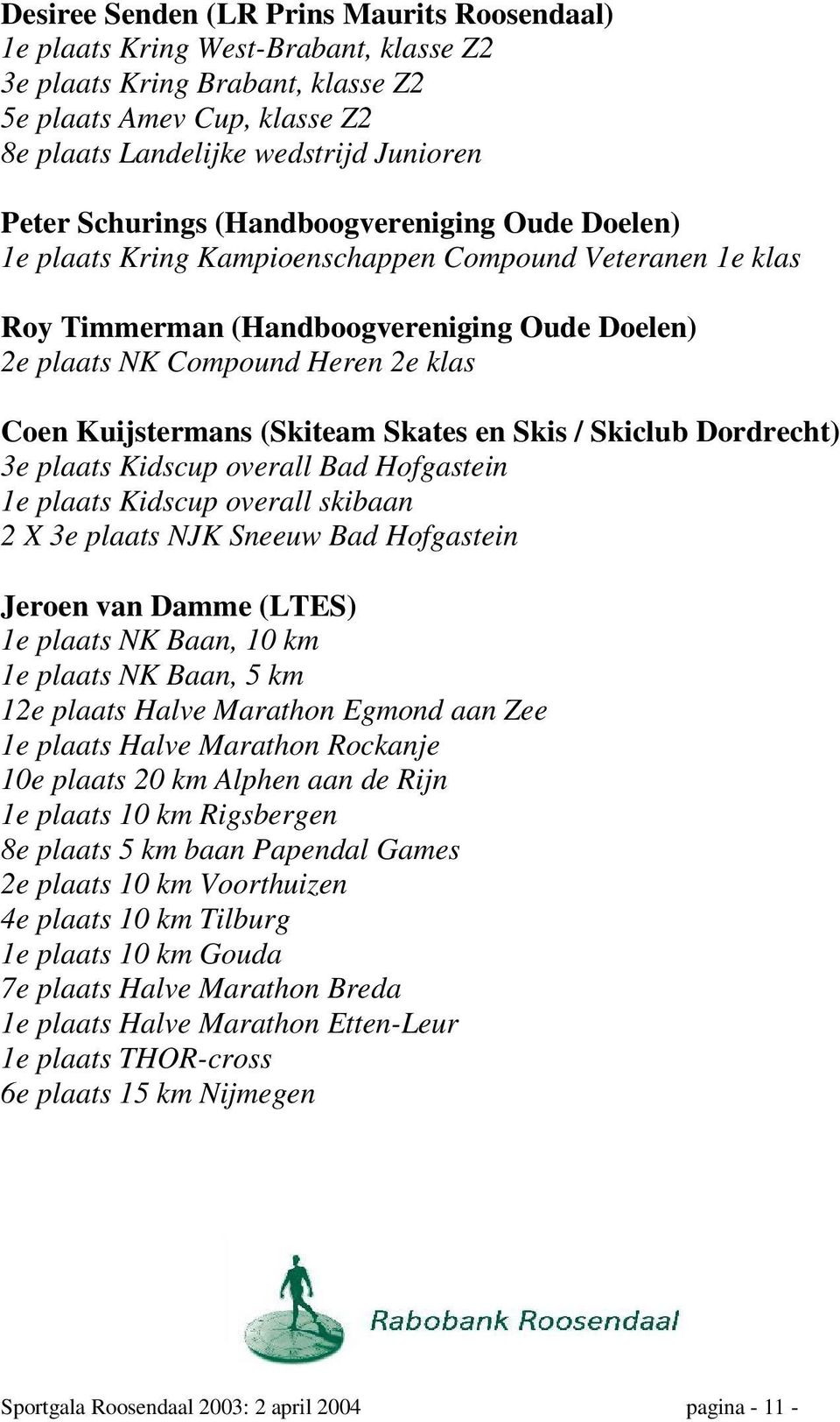 Kuijstermans (Skiteam Skates en Skis / Skiclub Dordrecht) 3e plaats Kidscup overall Bad Hofgastein 1e plaats Kidscup overall skibaan 2 X 3e plaats NJK Sneeuw Bad Hofgastein Jeroen van Damme (LTES) 1e