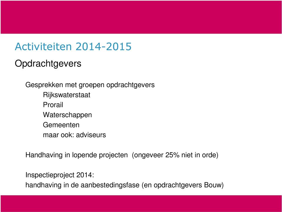 adviseurs Handhaving in lopende projecten (ongeveer 25% niet in orde)