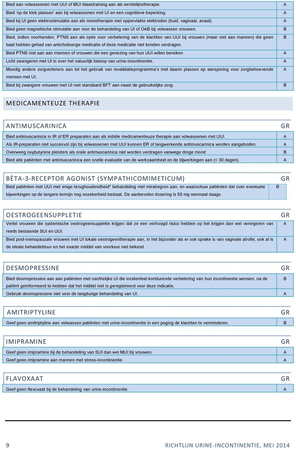 Bied, indien voorhanden, PTNS aan als optie voor verbetering van de klachten van UUI bij vrouwen (maar niet aan mannen) die geen baat hebben gehad van anticholinerge medicatie of deze medicatie niet