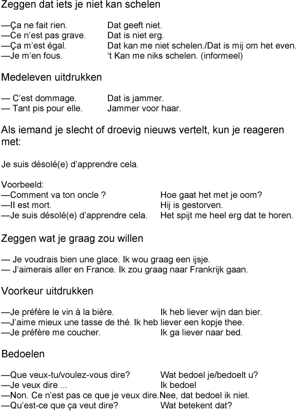 Als iemand je slecht of droevig nieuws vertelt, kun je reageren met: Je suis désolé(e) d apprendre cela. Voorbeeld: Comment va ton oncle? II est mort. Je suis désolé(e) d apprendre cela. Hoe gaat het met je oom?