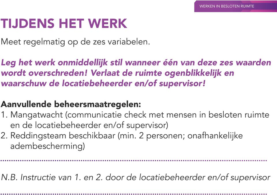 Verlaat de ruimte ogenblikkelijk en waarschuw de locatiebeheerder en/of supervisor! Aanvullende beheersmaatregelen: 1.