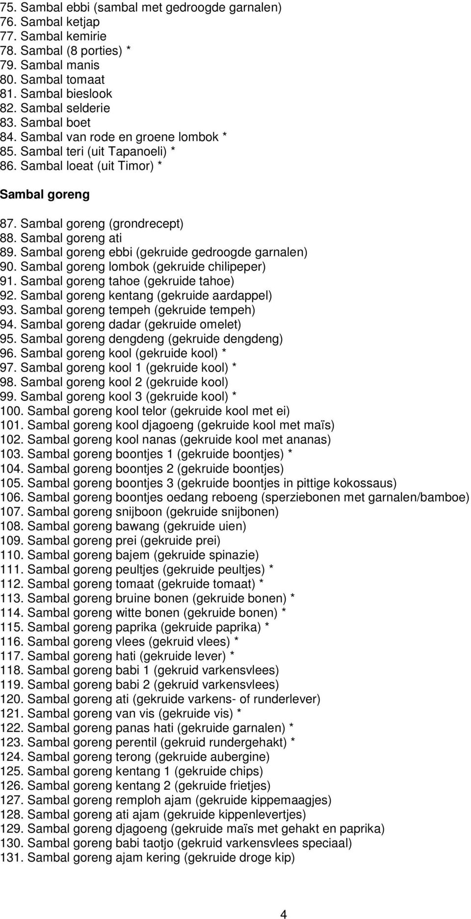 Sambal goreng ebbi (gekruide gedroogde garnalen) 90. Sambal goreng lombok (gekruide chilipeper) 91. Sambal goreng tahoe (gekruide tahoe) 92. Sambal goreng kentang (gekruide aardappel) 93.