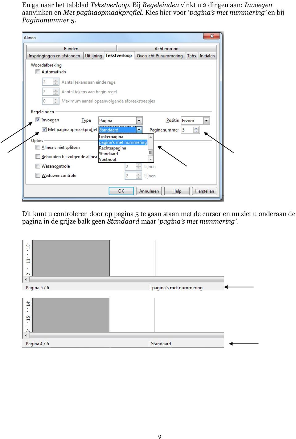 Kies hier voor pagina s met nummering en bij Paginanummer 5.