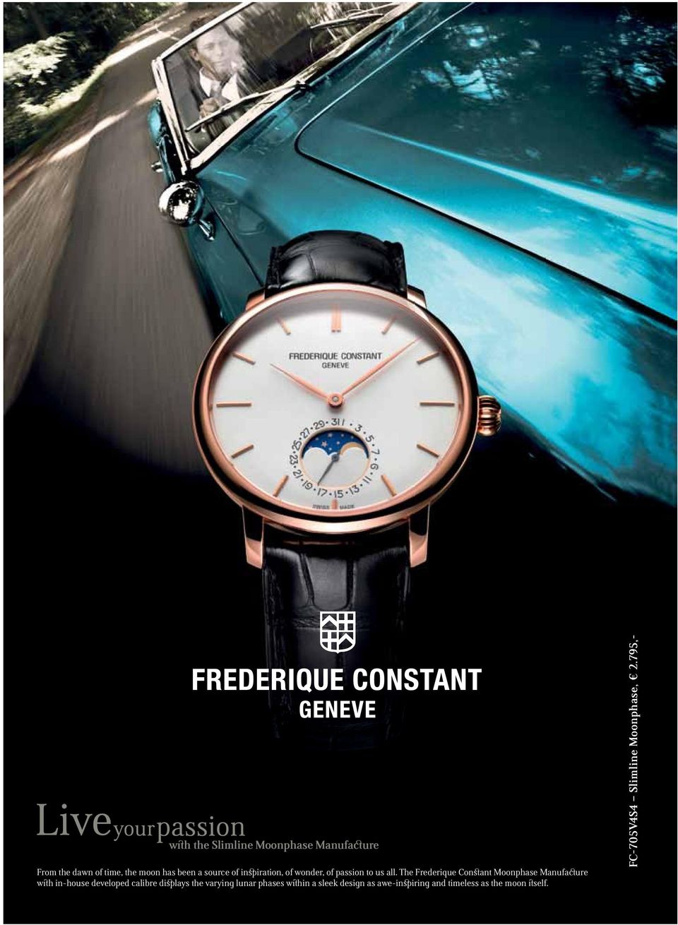 The Frederique Constant Moonphase Manufacture with in-house developed calibre displays the