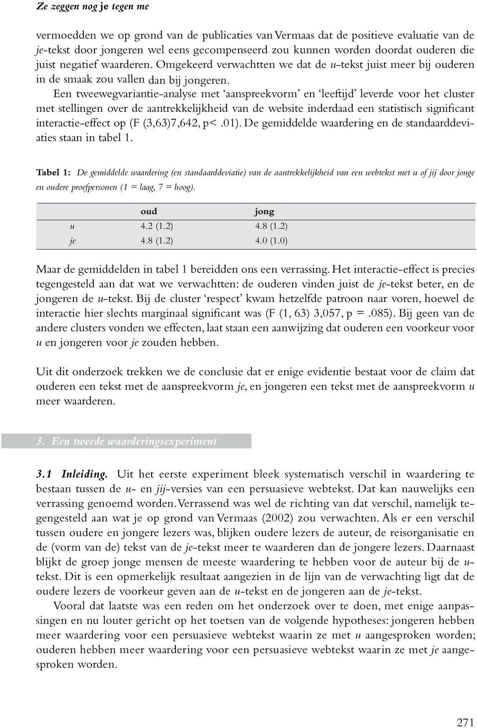 Een tweewegvariantie-analyse met aanspreekvorm en leeftijd leverde voor het cluster met stellingen over de aantrekkelijkheid van de website inderdaad een statistisch significant interactie-effect op