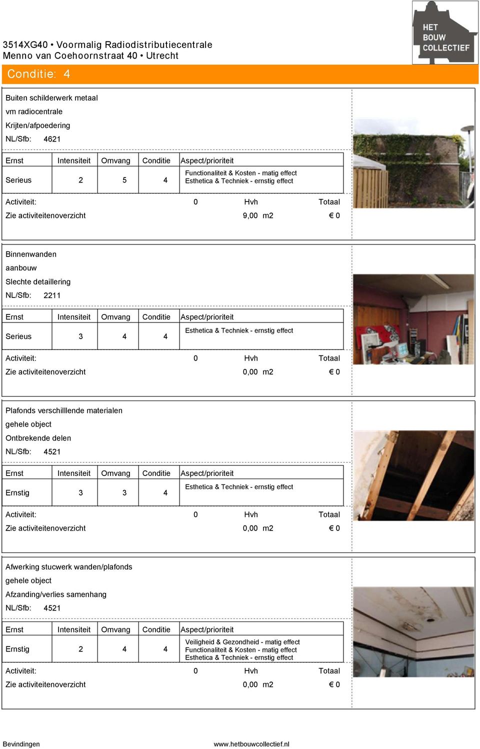 3 4 4, m2 Plafonds verschilllende materialen Ontbrekende delen NL/Sfb: 4521 Ernstig 3 3 4, m2 Afwerking stucwerk wanden/plafonds Afzanding/verlies