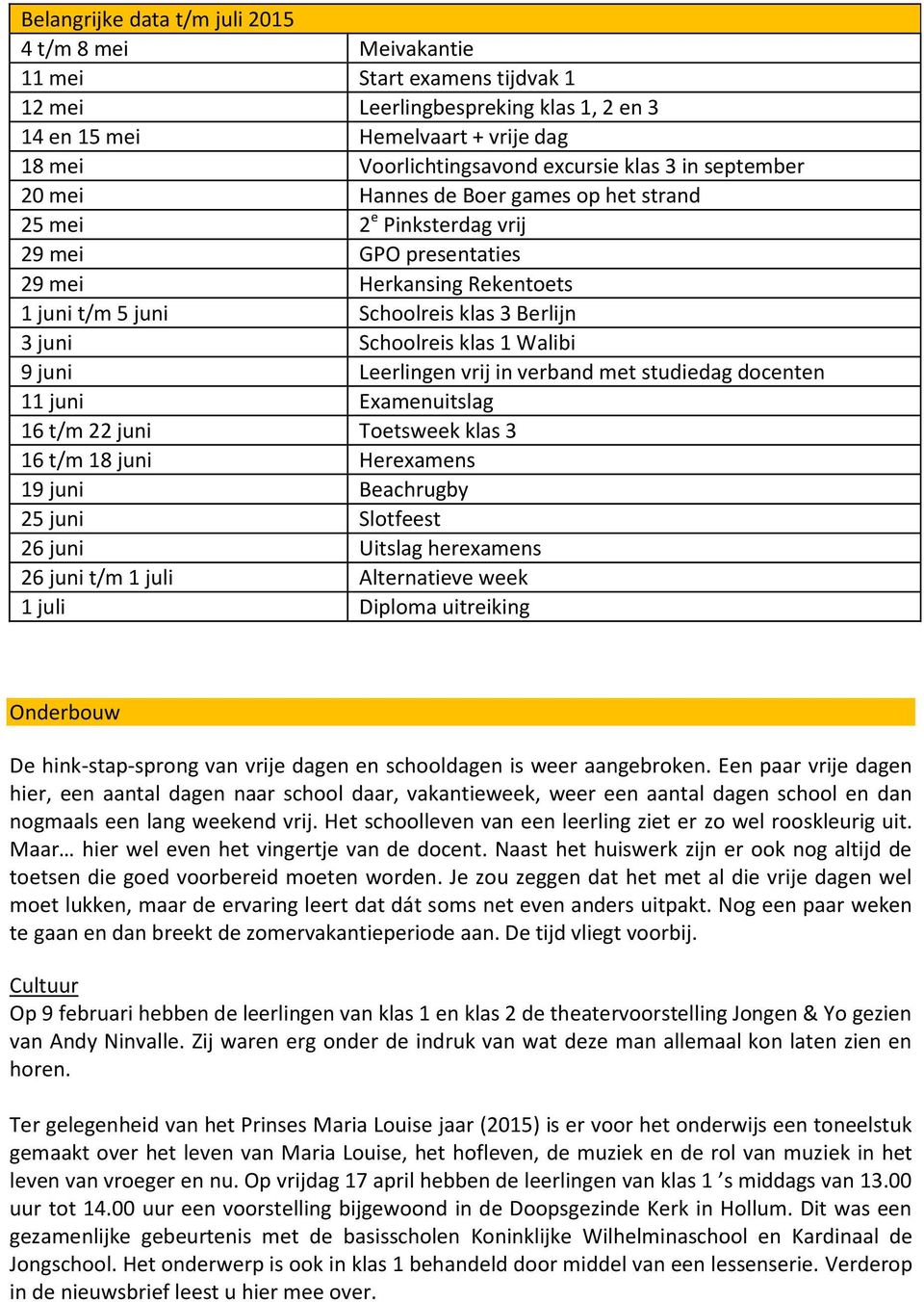 Schoolreis klas 1 Walibi 9 juni Leerlingen vrij in verband met studiedag docenten 11 juni Examenuitslag 16 t/m 22 juni Toetsweek klas 3 16 t/m 18 juni Herexamens 19 juni Beachrugby 25 juni Slotfeest