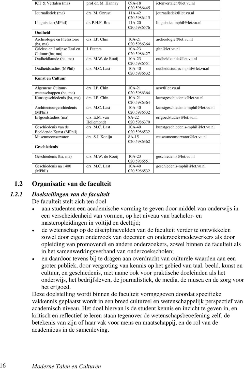 Putters 10A-23 Cultuur (ba, ma) 020 5986427 Oudheidkunde (ba, ma) drs. M.W. de Rooij 10A-23 020 5986551 Oudheidstudies (MPhil) drs. M.C. Last 10A-40 020 5986532 Kunst en Cultuur Algemene Cultuurwetenschappen (ba, ma) drs.