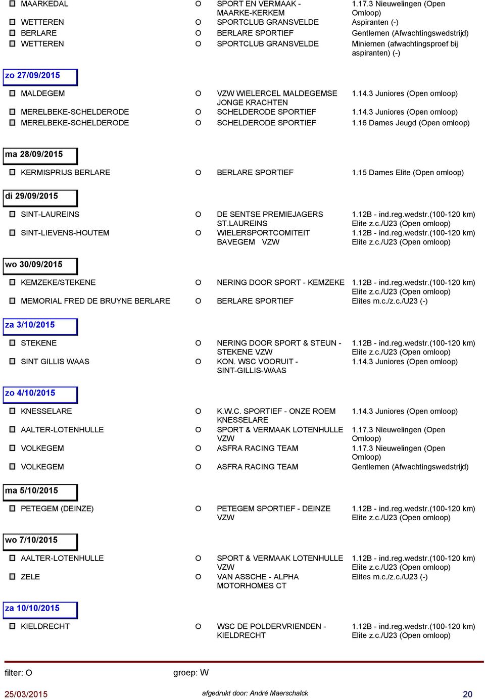 16 Dames Jeugd (Open ma 28/09/2015 KERMISPRIJS BERLARE O BERLARE SPORTIEF 1.15 Dames Elite (Open di 29/09/2015 SINT-LAUREINS O DE SENTSE PREMIEJAGERS ST.