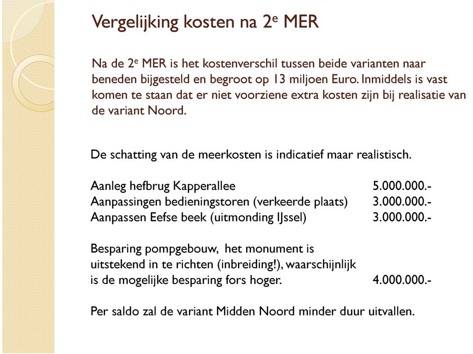 De schatting van de meerkosten is indicatief maar realistisch. Aanleg hefbrug Kapperallee 5.000.000.- Aanpassingen bedieningstoren (verkeerde plaats) 3.000.000.- Aanpassen Eefse beek (uitmonding IJssel) 3.