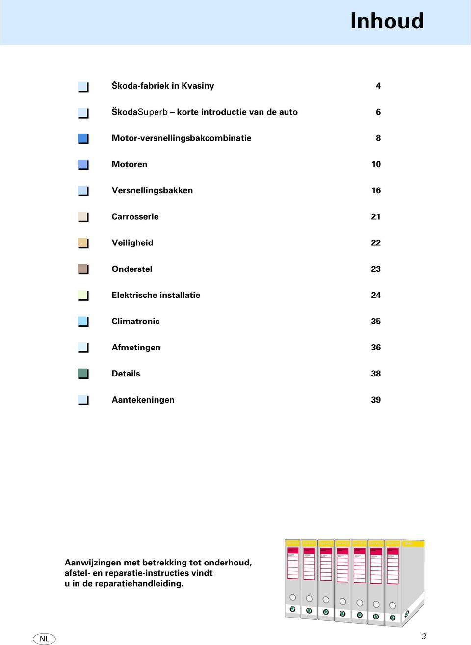 Versnellingsbakken 16 Carrosserie 21 Veiligheid 22 Onderstel 23 Elektrische installatie 24 Climatronic 35 Afmetingen 36 Details 38 Aantekeningen 39 Service Service Service Service Service Service