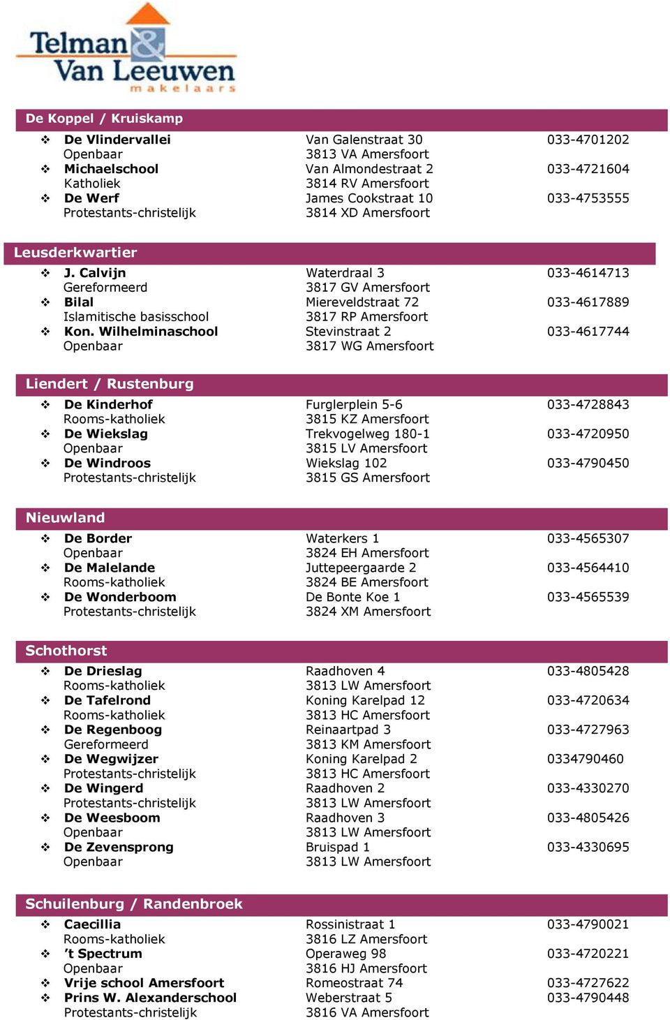 Wilhelminaschool Stevinstraat 2 033-4617744 3817 WG Amersfoort Liendert / Rustenburg De Kinderhof Furglerplein 5-6 033-4728843 3815 KZ Amersfoort De Wiekslag Trekvogelweg 180-1 033-4720950 3815 LV