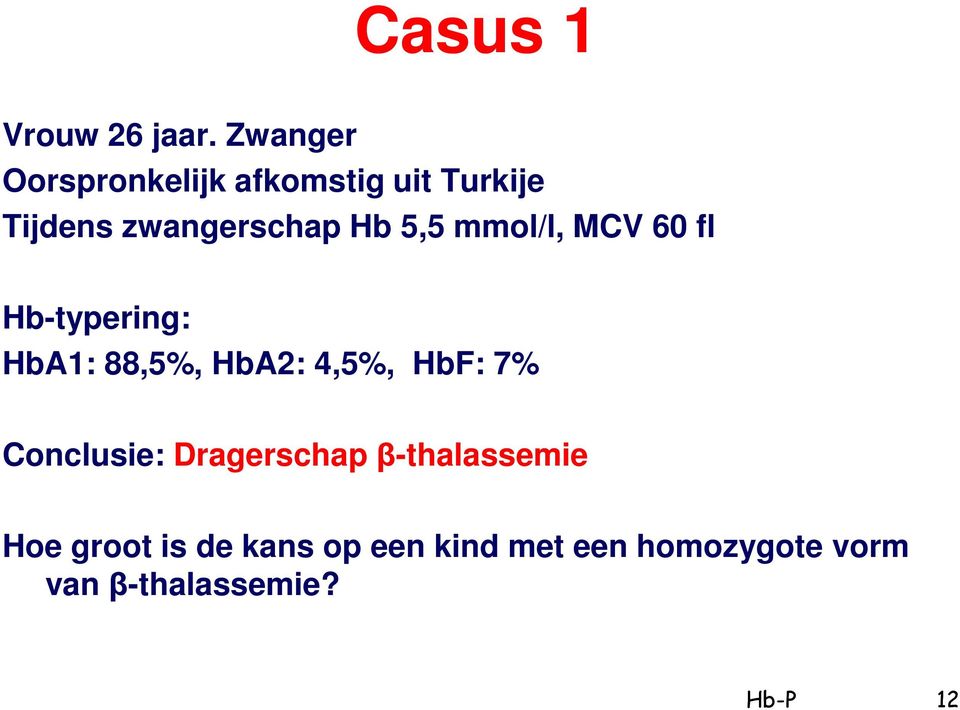 5,5 mmol/l, MCV 60 fl Hb-typering: HbA1: 88,5%, HbA2: 4,5%, HbF: 7%