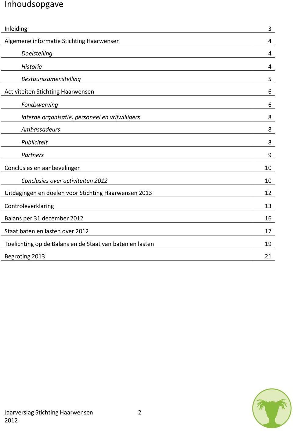 aanbevelingen 10 Conclusies over activiteiten 10 Uitdagingen en doelen voor Stichting Haarwensen 2013 12 Controleverklaring 13 Balans per 31