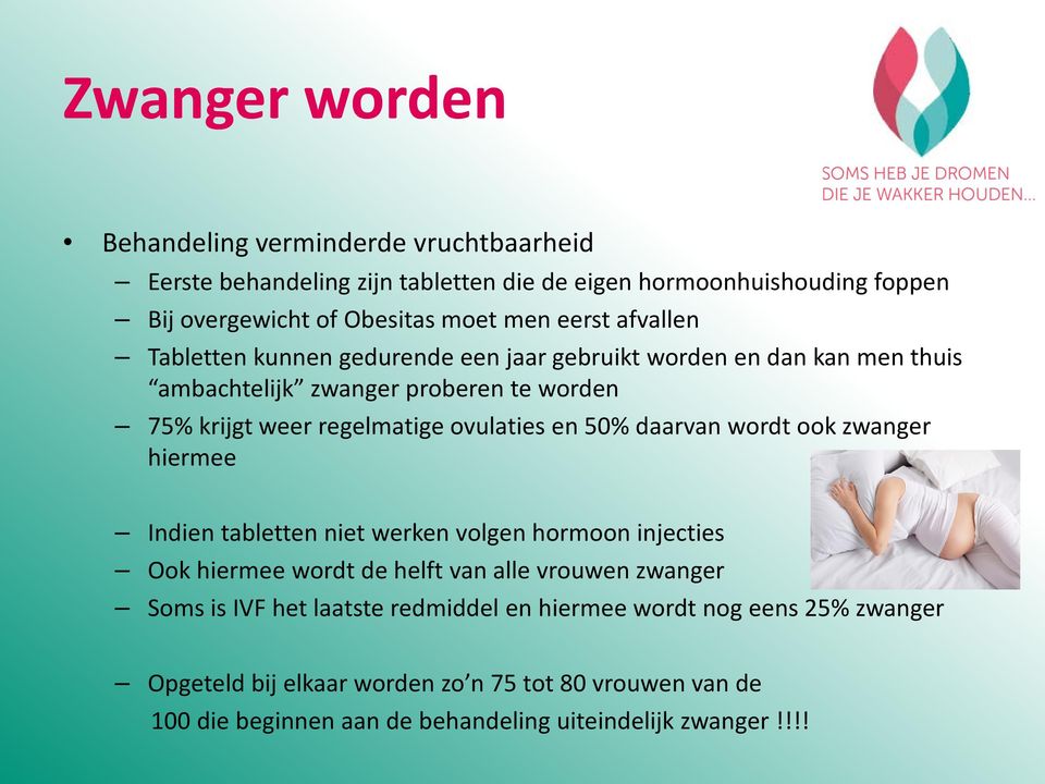 en 50% daarvan wordt ook zwanger hiermee Indien tabletten niet werken volgen hormoon injecties Ook hiermee wordt de helft van alle vrouwen zwanger Soms is IVF het