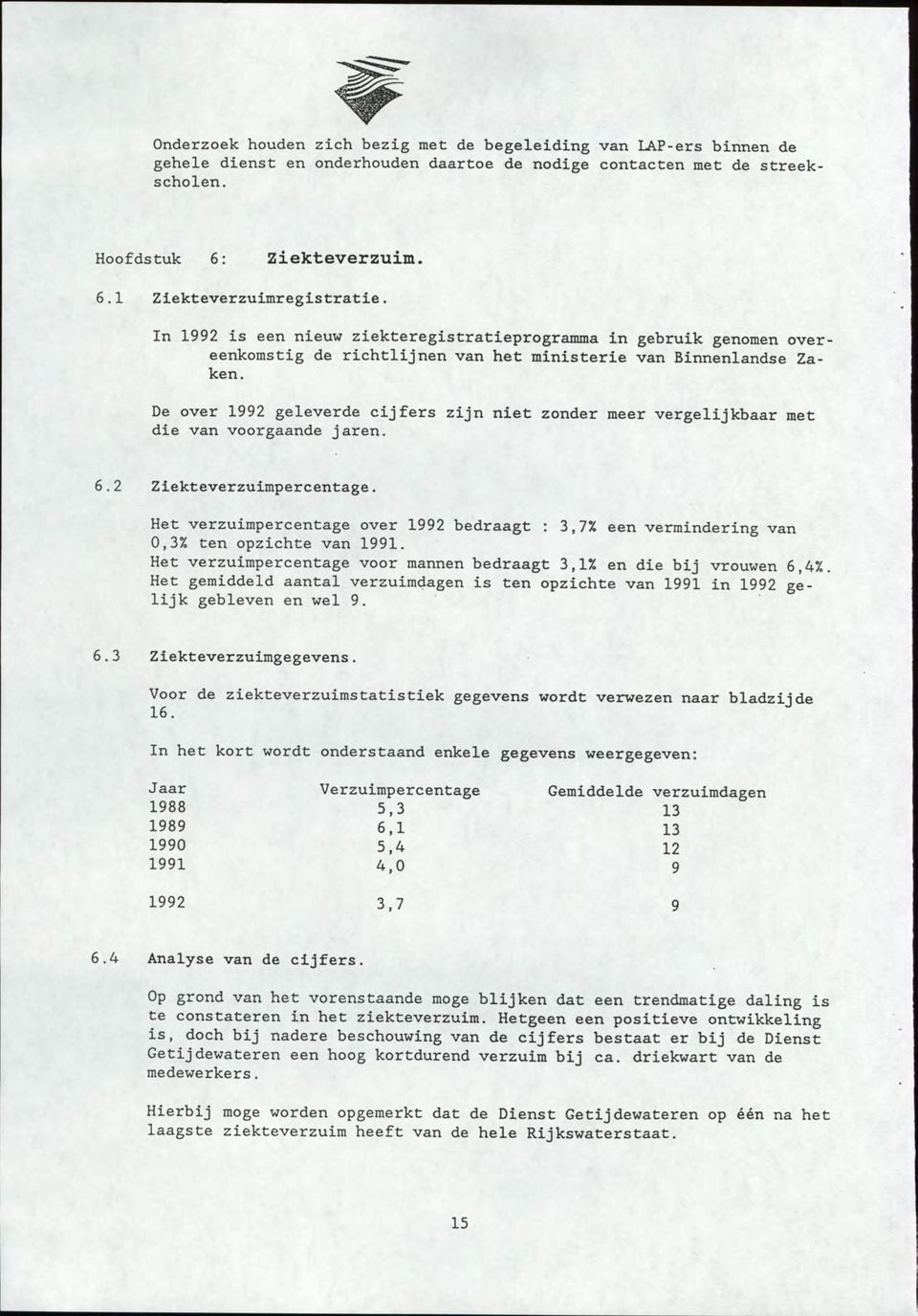 De over 1992 geleverde cijfers zijn niet zonder meer vergelijkbaar met die van voorgaande jaren. 6.2 Ziekteverzuimpercentage.