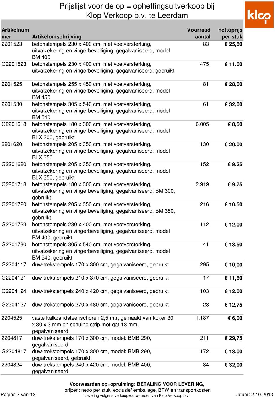 voetversterking, 61 32,00 uitvalzekering en vingerbeveiliging,, model BM 540 G2201618 betonstempels 180 x 300 cm, met voetversterking, 6.